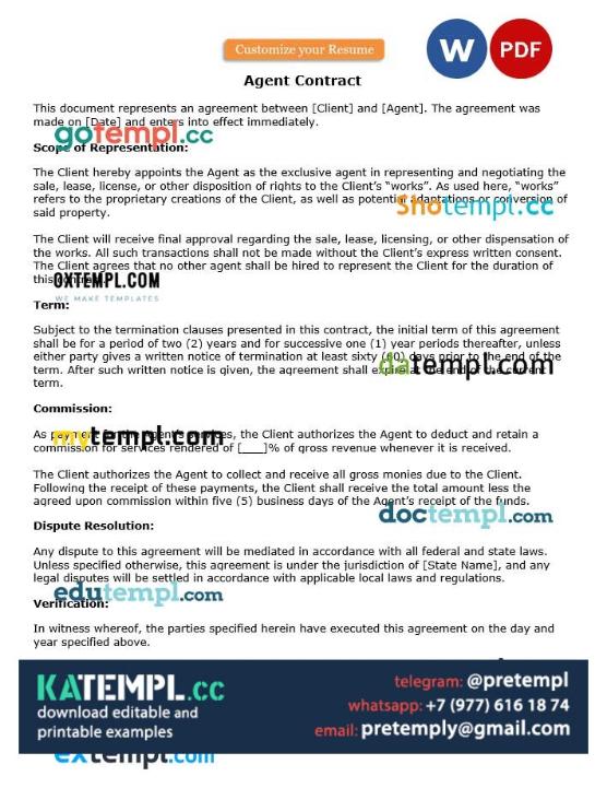 generate agent contract , Word and PDF format
