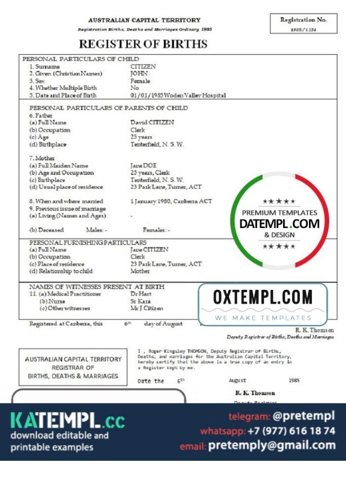generate Australia Australian Capital Territory birth certificate in ... - Birth Certificate Copy Fees In Australia