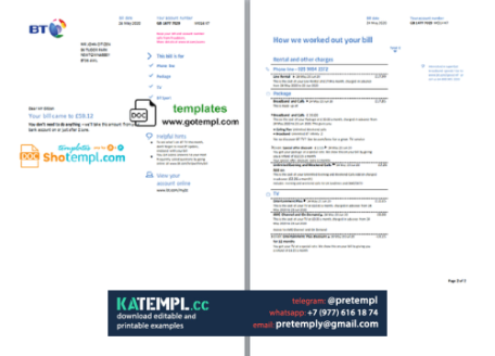 generate United Kingdom BT utility bill in Word and PDF format, 2 pages