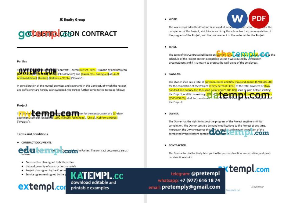 generate basic construction contract in Word and PDF format