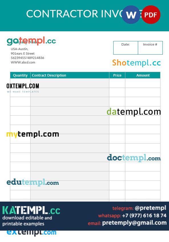 generate Blank Contractor Invoice in word and pdf format