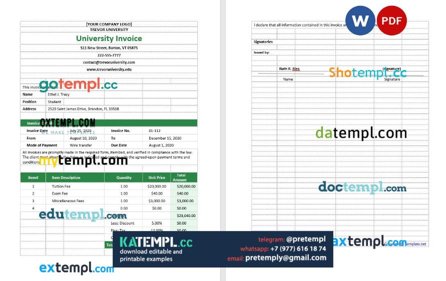generate Blank University Invoice in word and pdf format