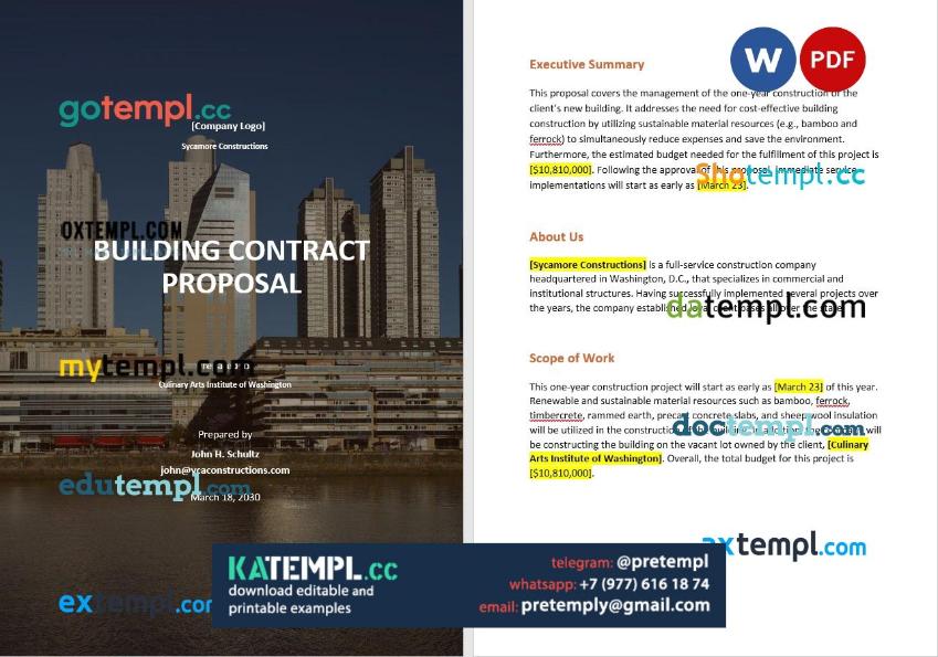 generate building contract proposal in Word and PDF format