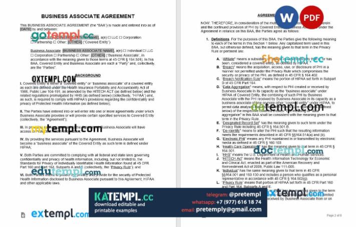 generate business associate agreement HIPAA , Word and PDF format