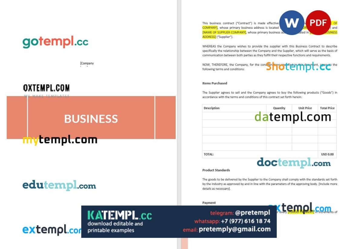 generate business contract in Word and PDF format