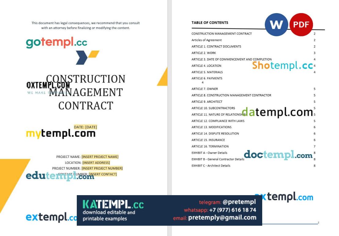 generate construction management contract , Word and PDF format