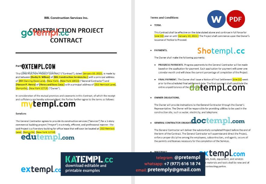 generate construction project contract , Word and PDF format