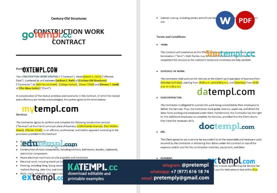 generate construction work contract , Word and PDF format