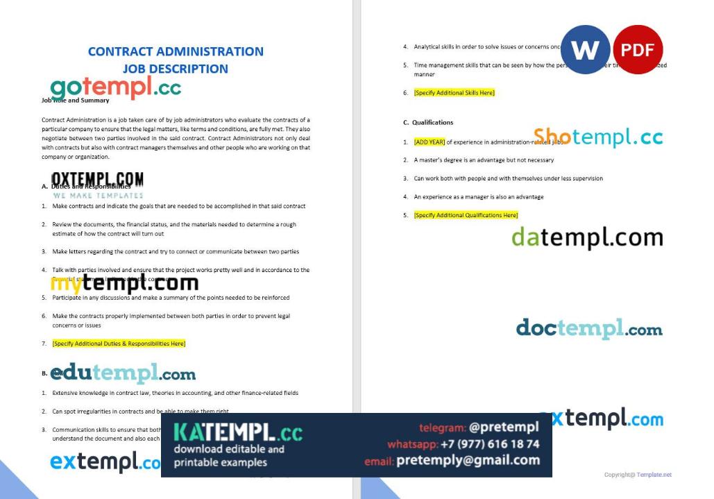 generate contract administration job description , Word and PDF format