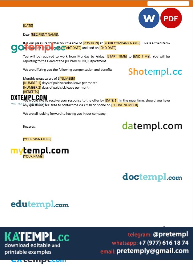 generate contract employee offer letter , Word and PDF format