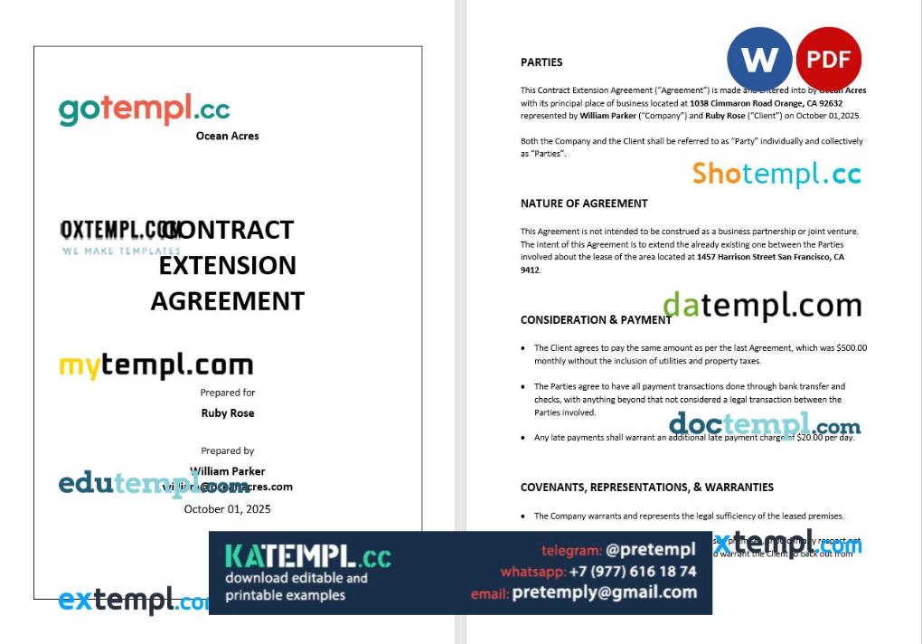 generate contract extension agreement , Word and PDF format
