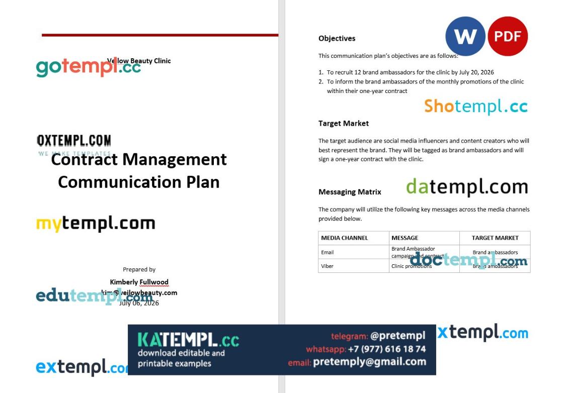 generate contract management communication plan , Word and PDF format