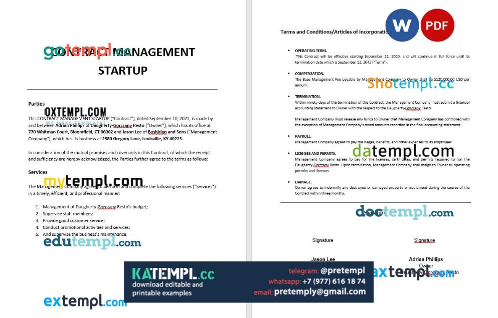 generate contract managementtartup , Word and PDF format
