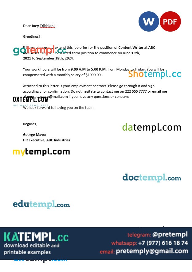 generate contract offer letter , Word and PDF format