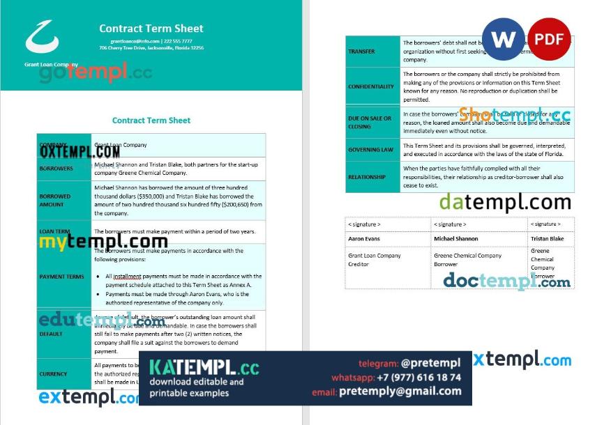 generate contract termheet , Word and PDF format