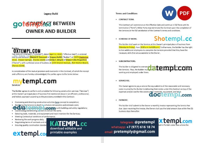 generate contract between owner and builder , Word and PDF format