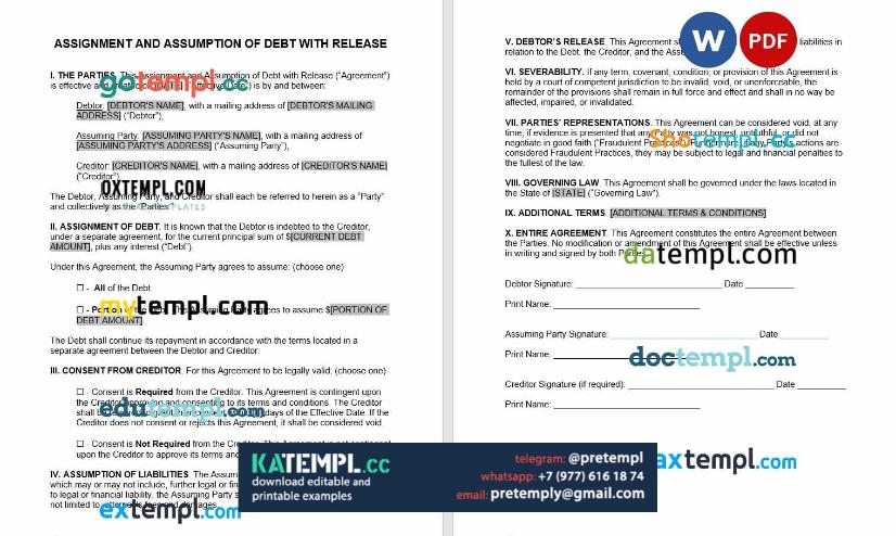 generate debt assignment and assumption with release , Word and PDF format