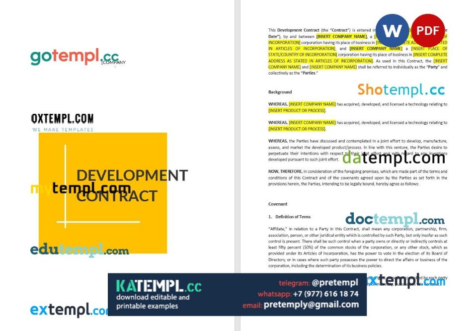 generate development contract , Word and PDF format