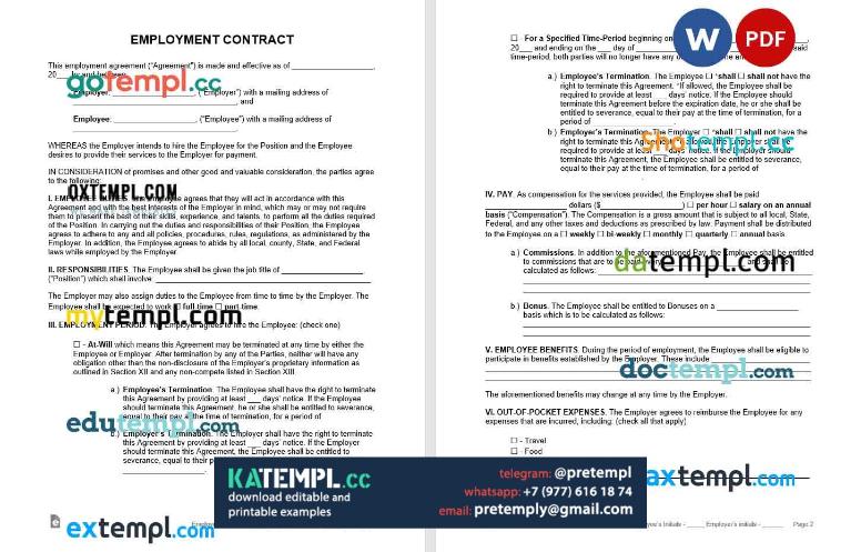 generate employment contract agreement , Word and PDF format