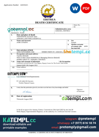 generate Eritrea vital record death certificate Word and PDF