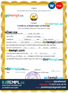 Image showcasing generate Eritrea marriage certificate Word and PDF , completely editable