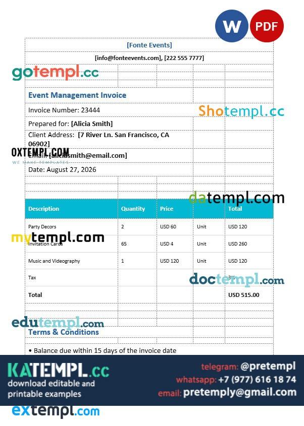 Event Billing Example generate Event Management Invoice in word and pdf format