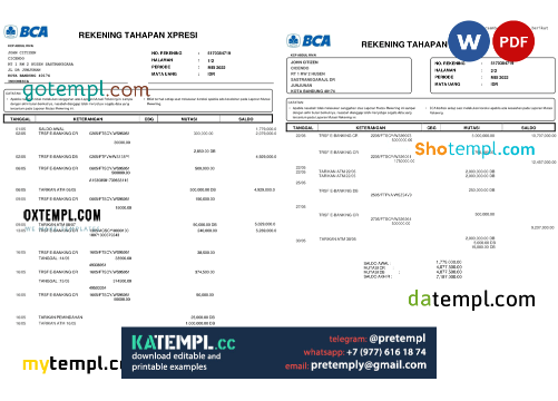 generate Indonesia BCA bank statement , Word and PDF , 2 pages