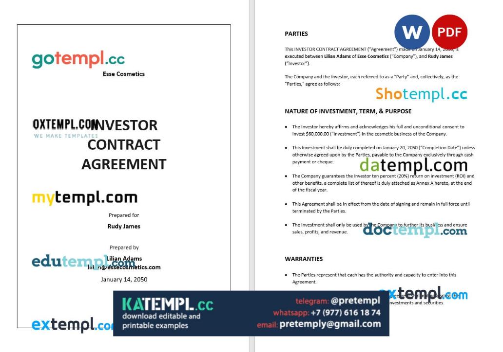 generate investor contract agreement , Word and PDF format