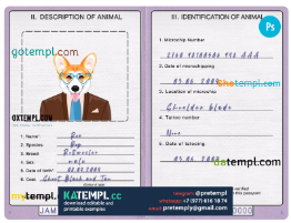 generate Jamaica dog (animal, pet) passport PSD , fully editable
