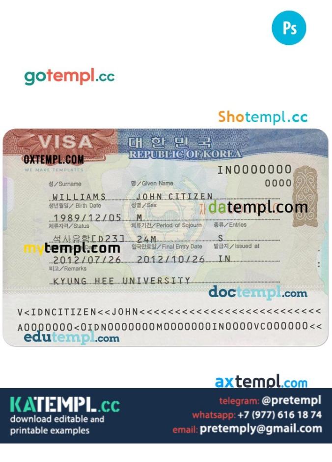 Visa5 generate Korea travel visa PSD , completely editable, with fonts