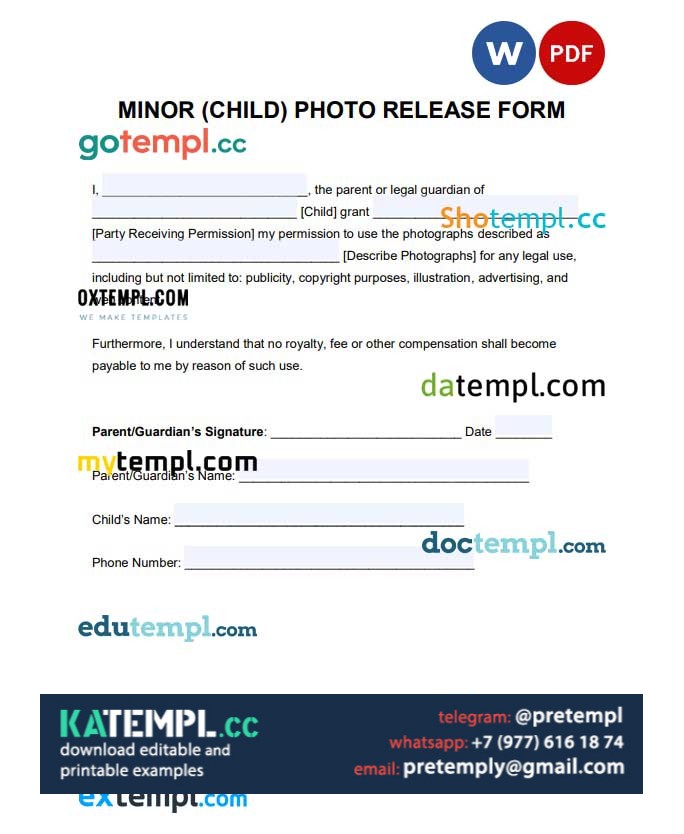 generate Minor child photo release form , Word and PDF format