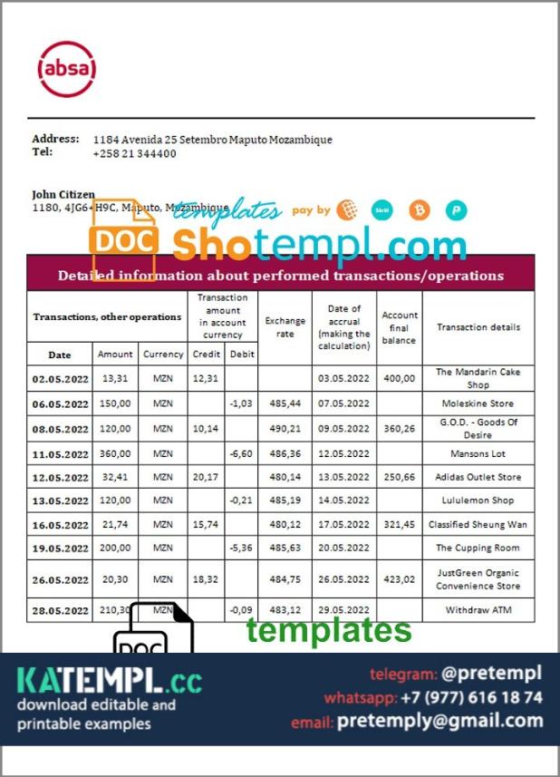 generate Mozambique ABSA bank statement in Word and PDF format