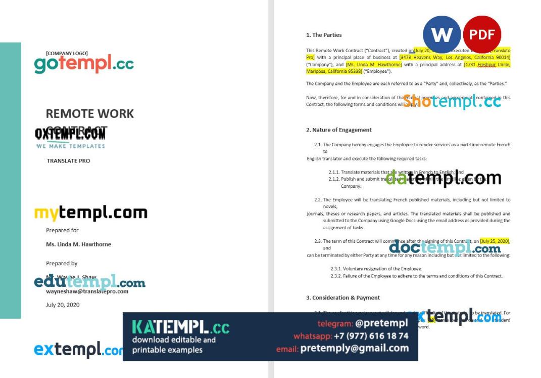 generate remote work contract , Word and PDF format