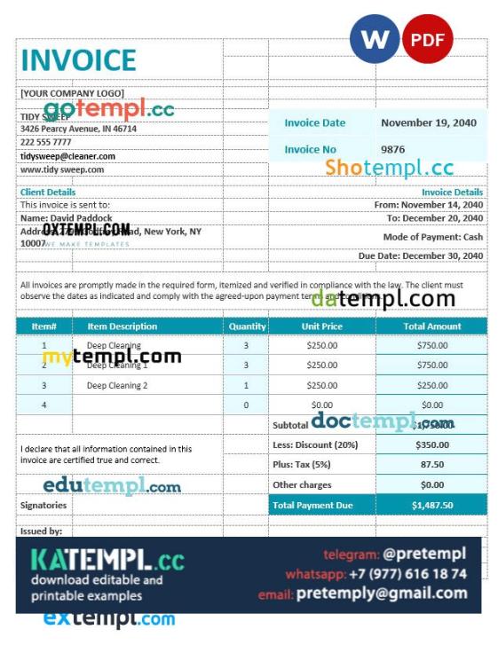 Sanitized Invoice Example.pdf generate Residential Cleaning Invoice in word and pdf format