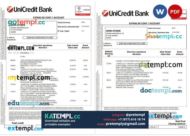 generate Romania UniCredit Bank statement in Word and PDF format (2 ...