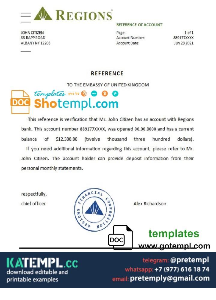 generate USA Regions bank account reference letter in Word and PDF format