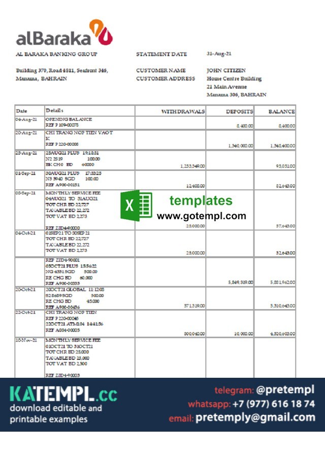 generate Bahrain Al Baraka bank statement easy to fill in .xls and .pdf ...
