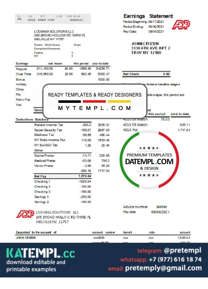 generate USA ADP business corporate earningstatement in .xls and .pdf ...