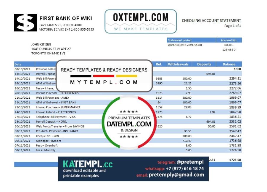 generate USA First Bank of Wiki bank statement easy to fill in .xls and ...