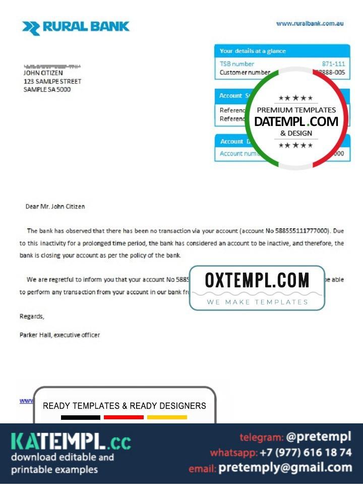 generate Australia Rural bank account closure reference letter in Word ...