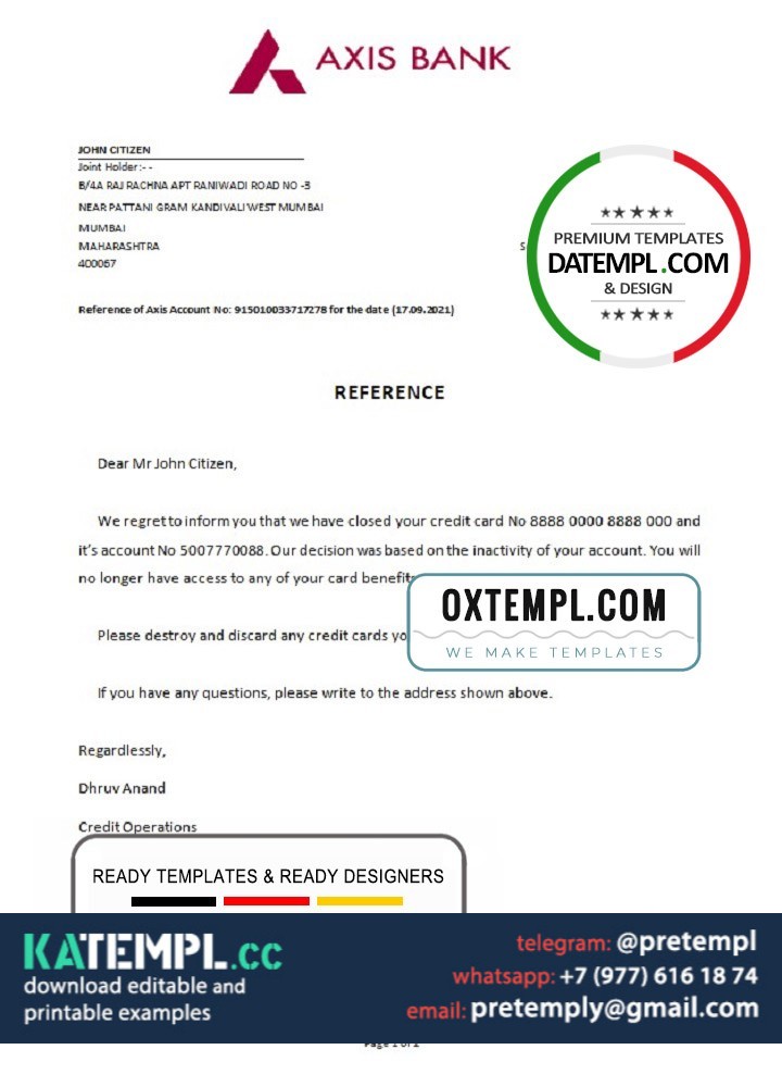 generate India Axis bank account closure reference letter in Word and ...