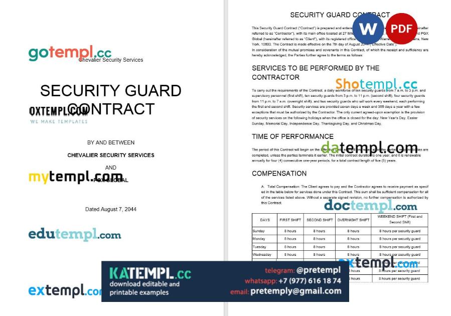 generate security guard contract , Word and PDF format
