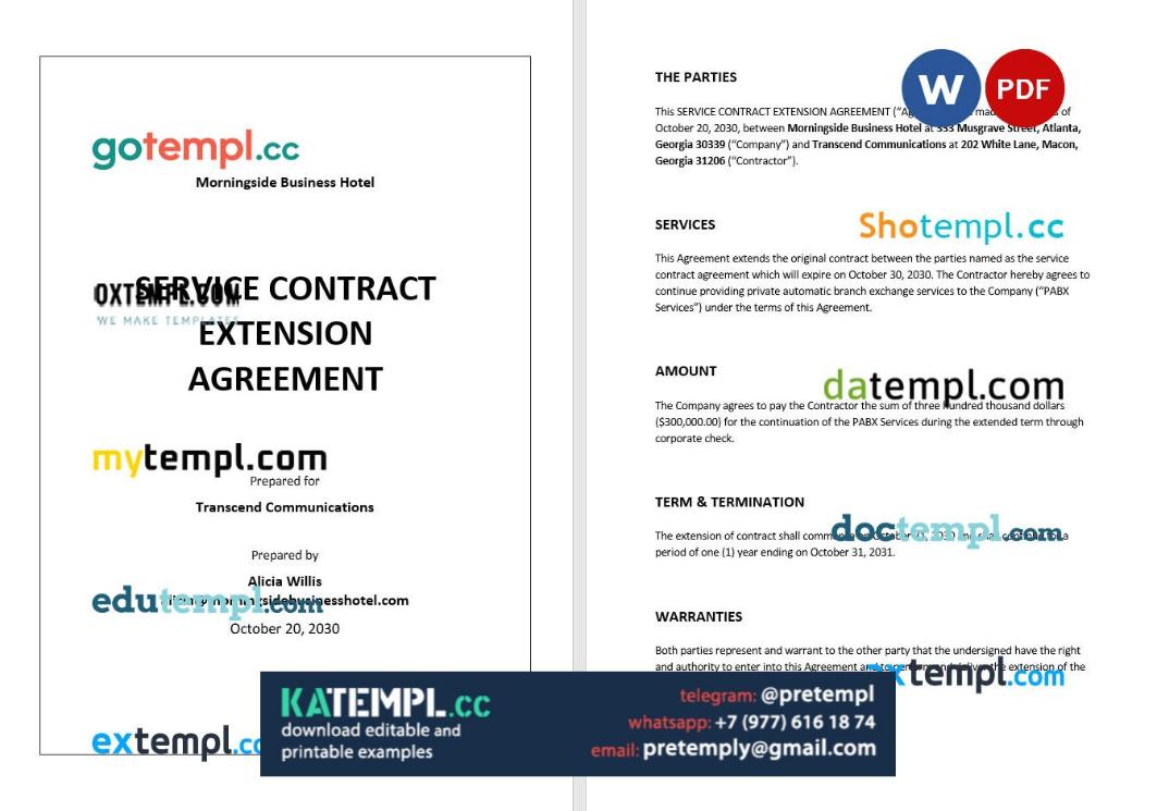 generate service contract extension agreement , Word and PDF format