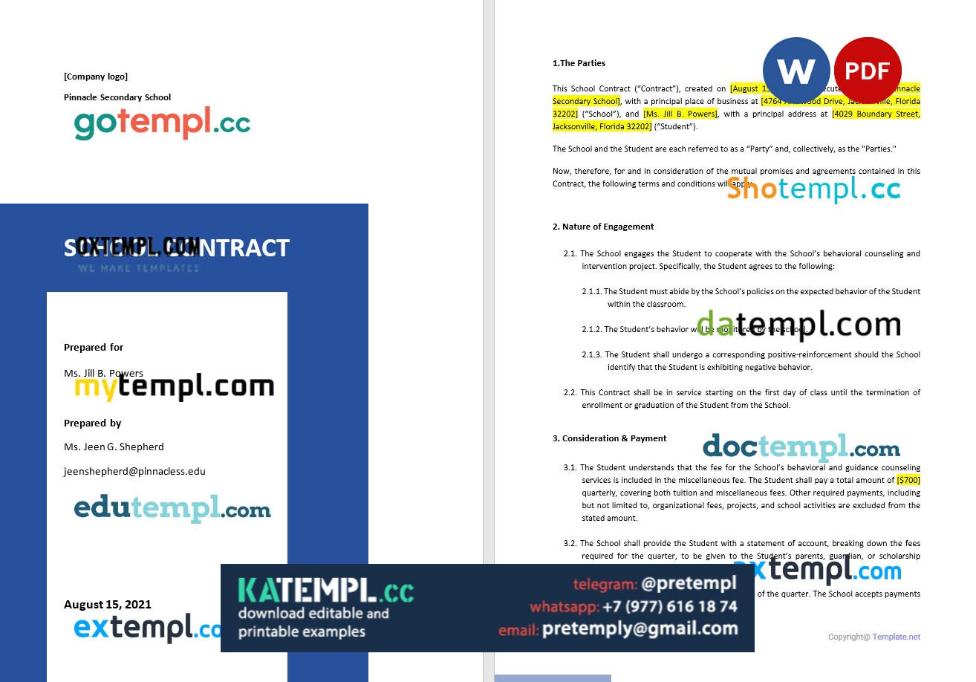 generate simplechool contract , Word and PDF format