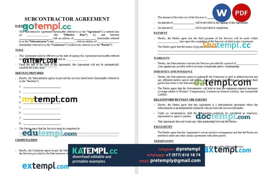 generate subcontractor agreement , Word and PDF format