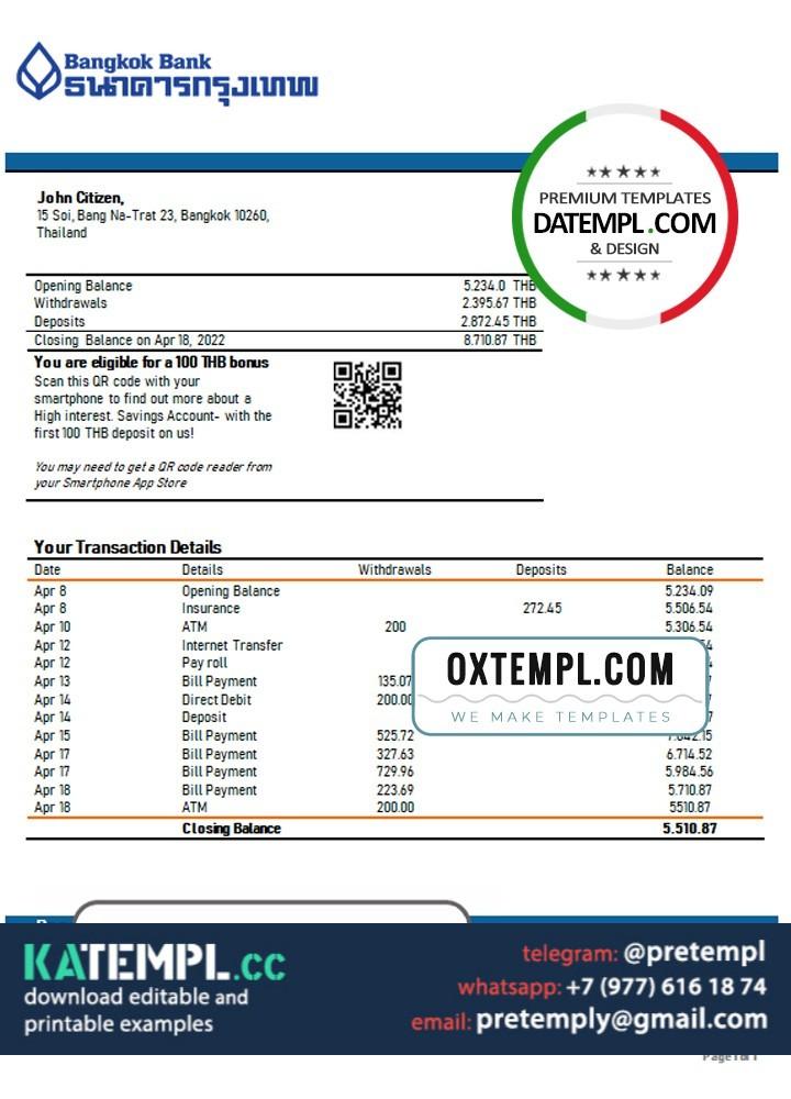 generate Thailand Bangkok Bank statement in Word and PDF format, version 2