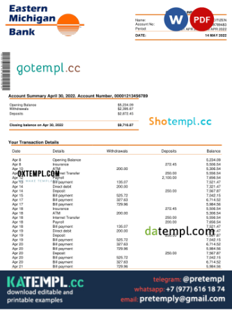 generate USA Eastern Michigan bank account statement Word and PDF