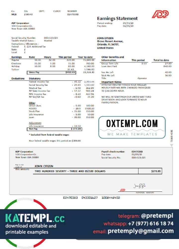 generate USA ADP Earningstatement in Word and PDF format