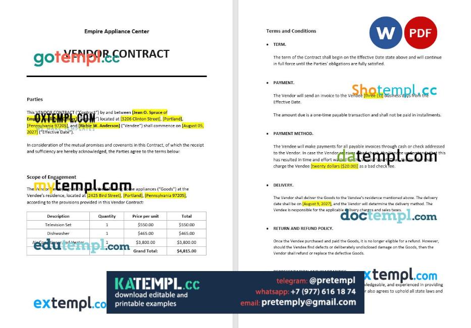 generate vendor contract , Word and PDF format