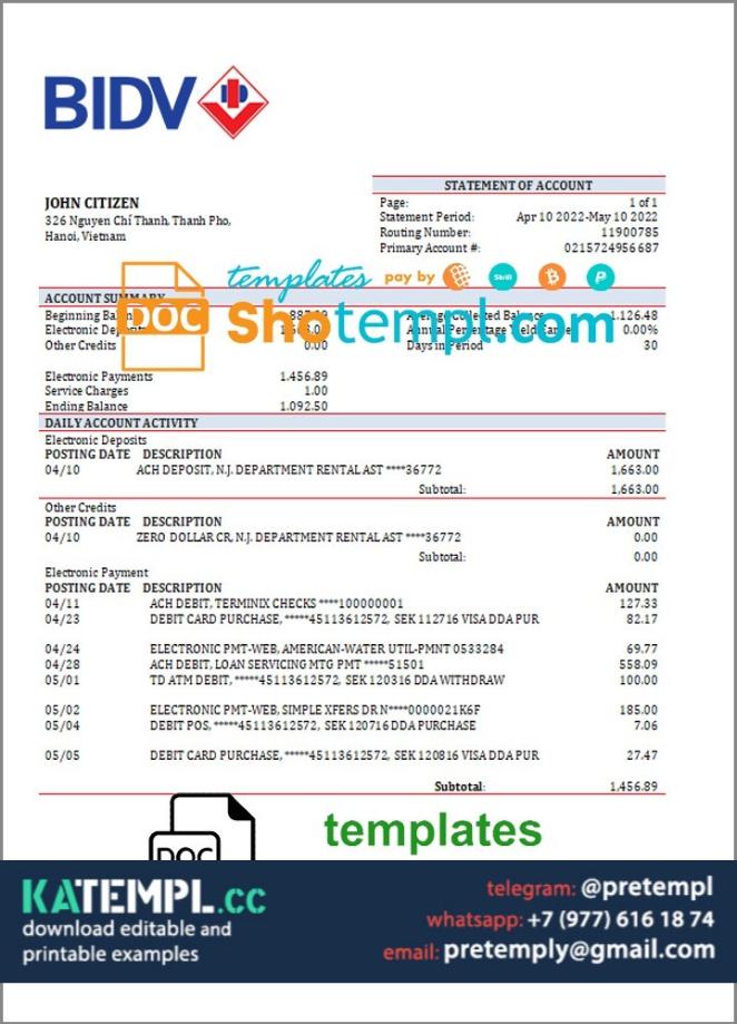 Bybit Statement.pdf generate Vietnam BIDV bank statement in Word and PDF format